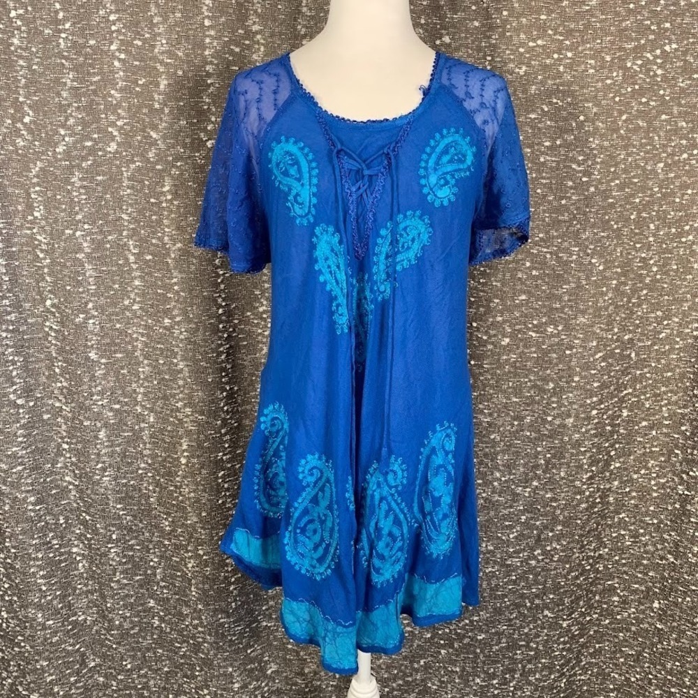 India Boutique Blue Embroidered Paisley Mini Dress Boho Hippie Women's Free Size